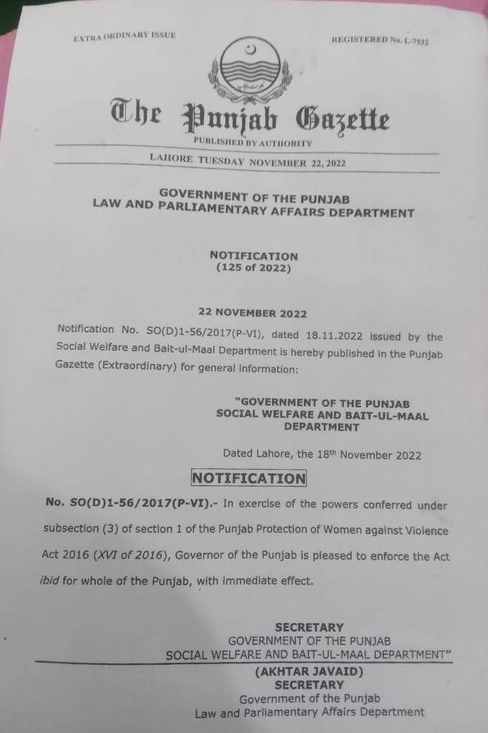 Punjab Protection of Women against Violence Act 2016 Notified Across Punjab