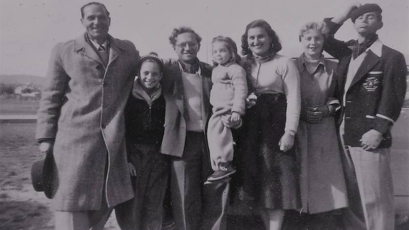 Dickie Carr, extreme left, in a group photo in Lithgow in July 1954. Next to him, respectively, are Peter Krepp (who later became a hockey administrator and lives in Sydney); and Peter\'s father Joe Krepp (goalkeeper of the St George District Club, who later introduced indoor hockey to Sydney). (Photo Courtesy: Members of the St George District Club, Sydney)