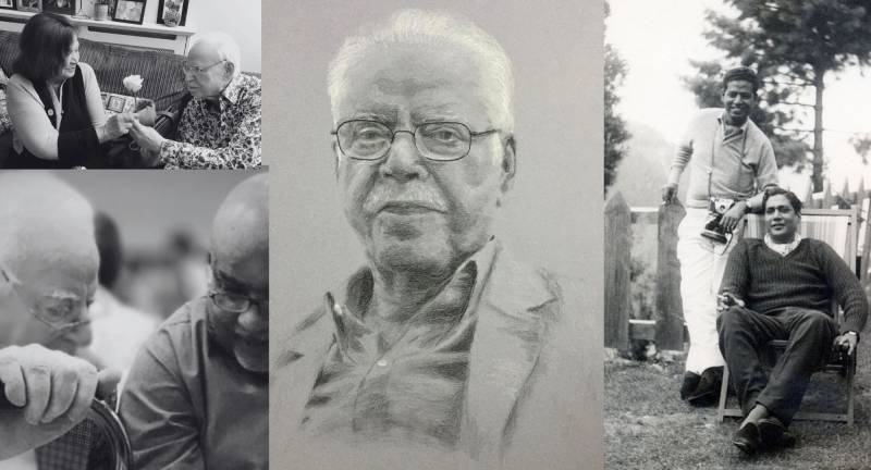 Anis and Haroon, London, 2019 - photo by Muzaffar Husain; Dr. Haroon and Dr. Wasif, Karachi 2018; ‘Tribute to Dr. Haroon,’ by Sharjil Baloch, charcoal on paper, 2024; Dr. Haroon and Dr. M. Sarwar, Nathiagali, 1960s. Collage by Regina Johnson / Sapan News.